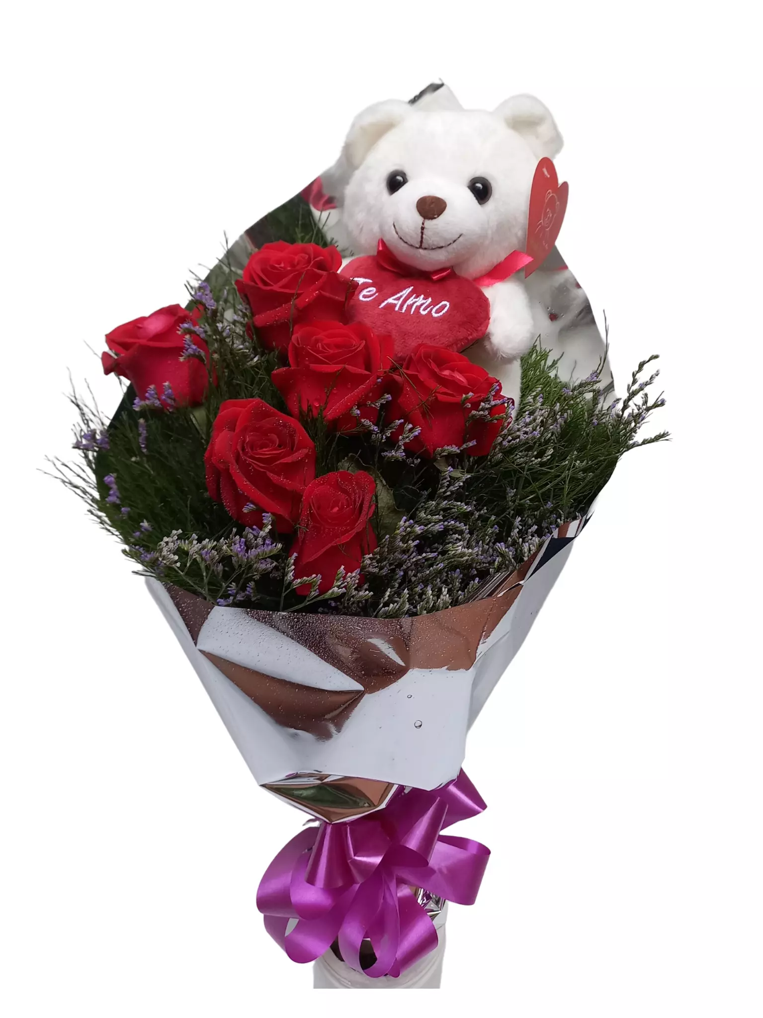 Imagen de Dile al amor Descripcion: 6 rosas con oso 20 cm